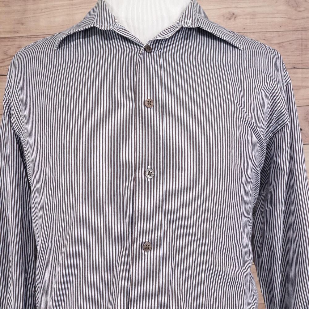 Bugatchi Uomo Shirt Mens 2XL Brown Blue Stripe Button Front‎ Cotton Casual